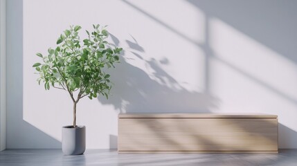 Obraz premium Minimalist interior with plant and wooden bench, sunlight.