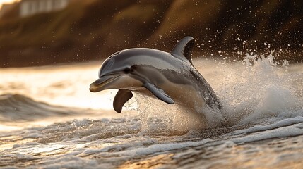 Obraz premium A dolphin jumping joyfully out of the ocean waves