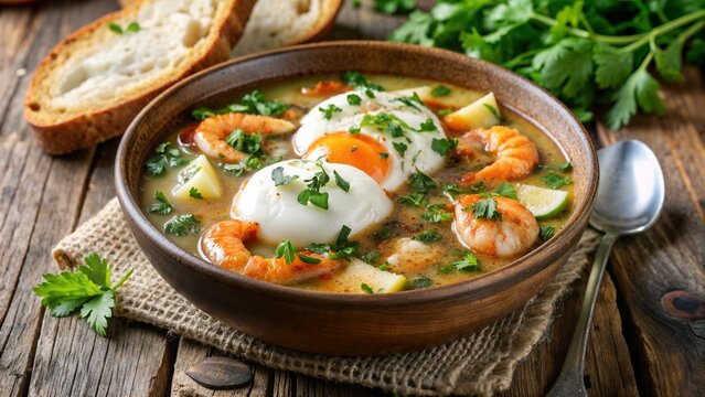 Traditional Portuguese a&ccedil;orda featuring shrimp, poached eggs, fresh herbs, and bread broth, served with rustic bread on a wooden table.