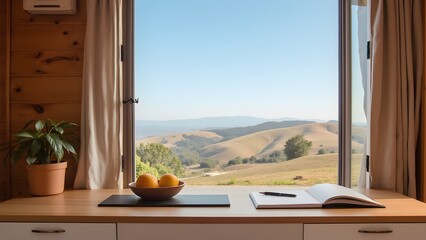 Tranquil Workspace with Scenic Hill View