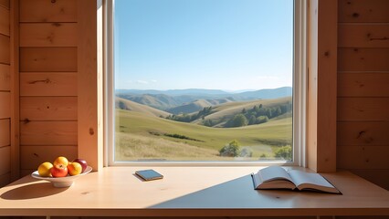 Scenic Workspace with Hill View from a Window