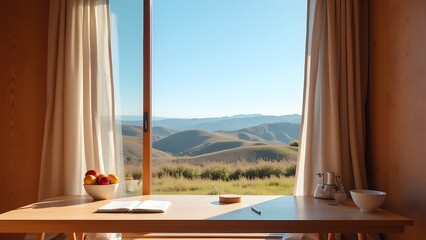 Serene Workspace with Mountain View and Natural Light