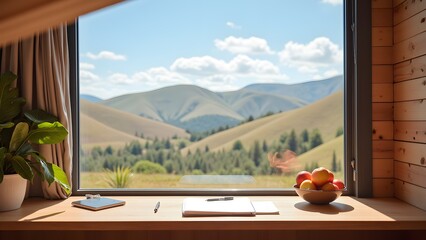 Scenic Workspace with Mountain View and Fresh Fruit