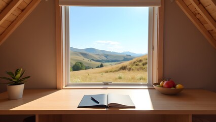 Serene Workspace with Scenic Hill View