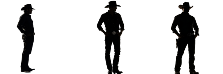 Set of a silhouette of a man wearing a cowboy hat isolated on transparent background