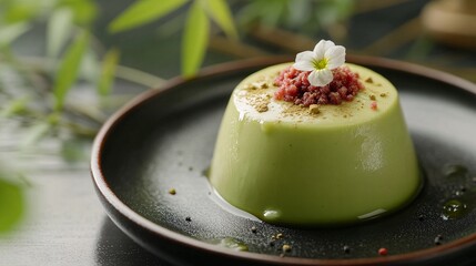 Green Tea Dessert with Flower Garnish on Black Plate