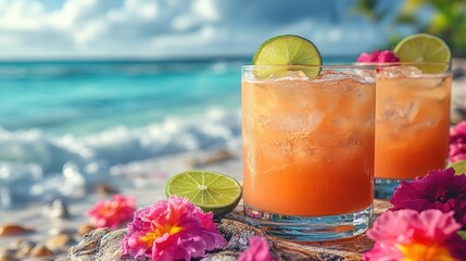 Obraz premium Two refreshing cocktails with lime on a beach, surrounded by colorful flowers.