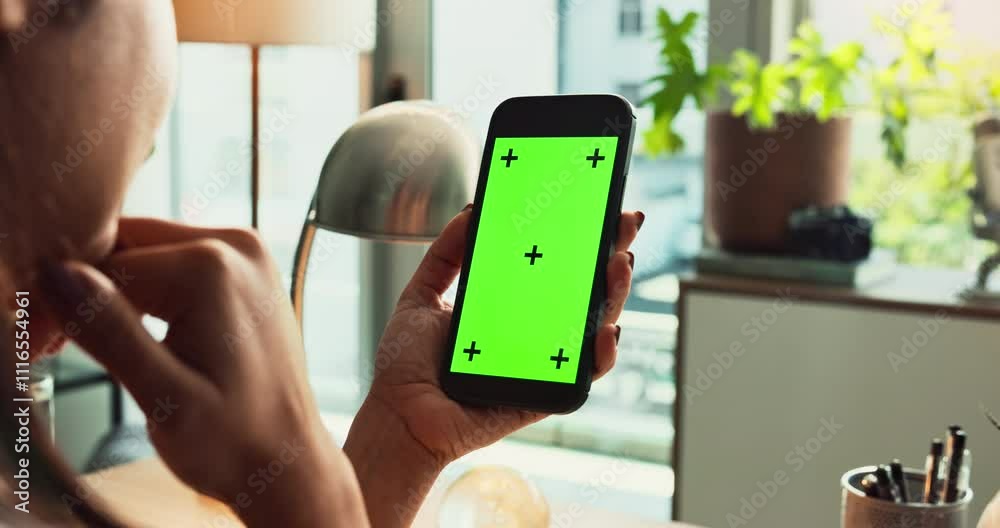 Poster Smartphone, hands and green screen for communication, mockup and branding as digital ux in home. Person, mobile technology and connection in ui, network or internet for online, website or application