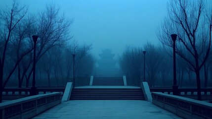 Misty Morning Pagoda Pathway Staircase Scene