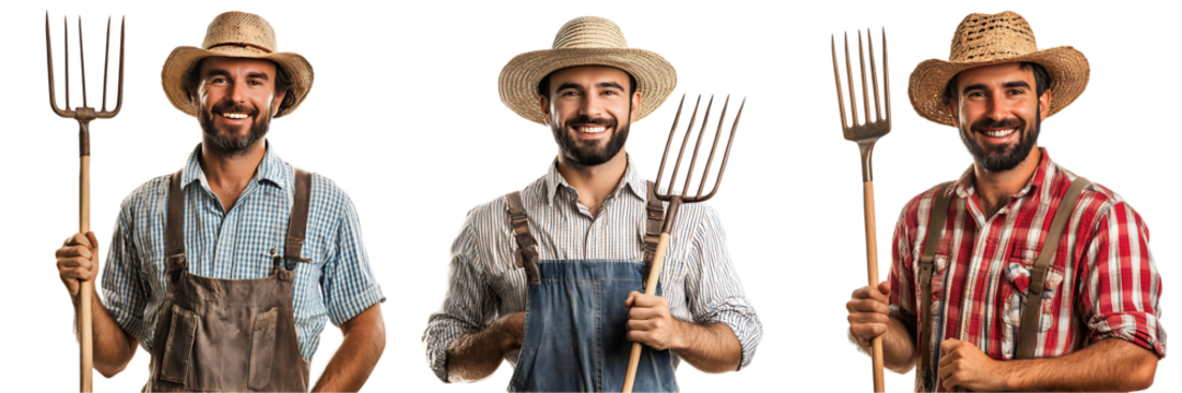 Set of hardworking farmer, holding a pitchfork isolated on transparent background