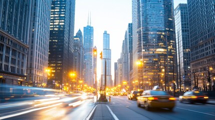 Obraz premium Cityscape with Skyscrapers and Blurred Traffic at Dusk - Urban Photography