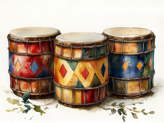 Colorful Watercolor Drums: A Vibrant Trio on white background
