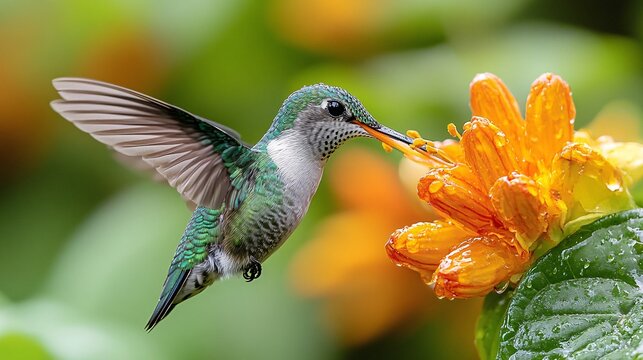 A hummingbird feeding on nectar from a brightly colored flower