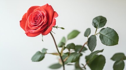 Fototapeta premium Single red rose, green leaves, white background.