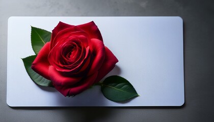 Single deep red rose on a light gray surface.