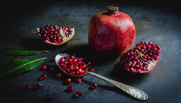Juicy pomegranate seeds spill from a vintage spoon onto a dark surface, alongside the fruit.