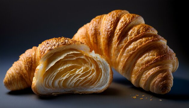 Golden-brown croissants, flaky layers, tempting bakery treat. - Powered by Adobe