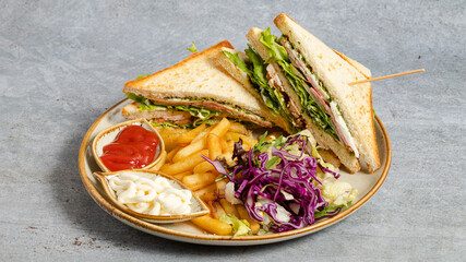 Club sandwich and fries with vegetables in plate