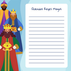 Three kings. Letter to the three wise men from the east. Dear three wise men - Text in spanish. Happy Epiphanius day. Vector illustration