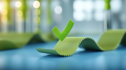 A green checkmark printed on a product package, assuring quality control or meeting specific standards.