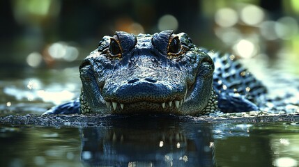 Obraz premium An alligator stealthily moving through swampy waters
