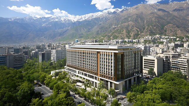 Modern Hotel Cityscape Majestic Mountain Backdrop