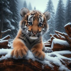 Obraz premium Detailed Tiger Cub’s Innocent Play Among Snow and Jungle Trees