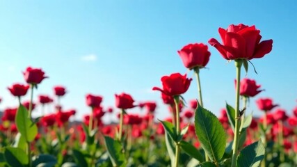 field of red roses against blue sky