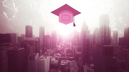 Obraz premium Graduation Cap Soaring Above Cityscape Skyline