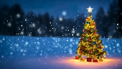 Festive Christmas Tree Decorated with Lights in a Snowy Landscape