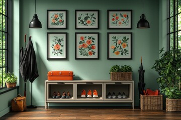 Charming entryway with floral art and orange accents in modern interior design