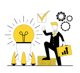 Business Idea. Businessman rises in money to a rocket with a light bulb
