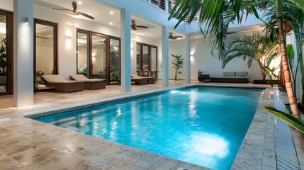 Fototapeta premium Tropical oasis stunning pool with a palm tree centerpiece for relaxation and leisure