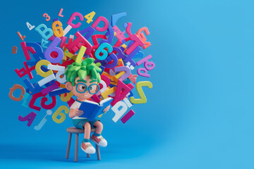 awareness campaigns, or support resources related to dyslexia and literacy challenges in children.Young boy is enjoying a book, totally absorbed in the reading process, floating letters 