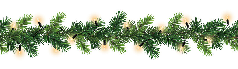 Seamless decorative christmas border with lights garland and coniferous branches isolated on transparent background © Kateina
