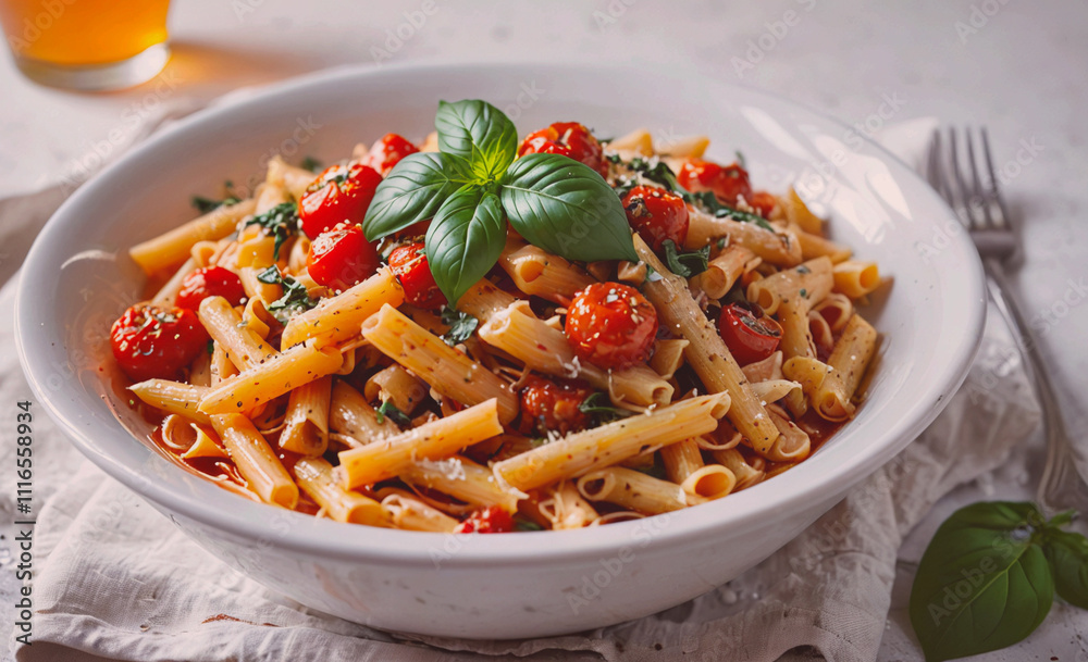 Poster bowl of pasta with tomatoes and basil. the pasta is long and the sauce is red. there is a fork on th