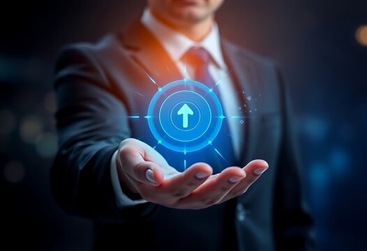  Business professional presenting a glowing blue digital target with an arrow in the center, symbolizing precision, achievement, and business strategy in a futuristic context