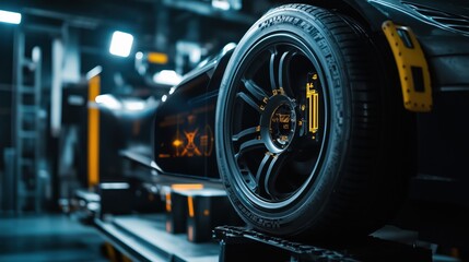 Fototapeta premium Futuristic black sports car in high-tech automotive workshop