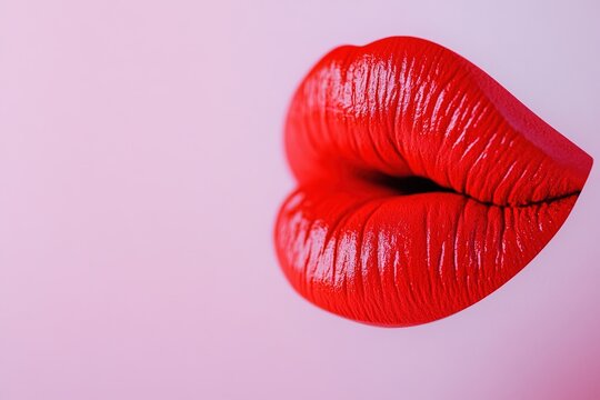 Bright red lips puckered for a kiss on pink background