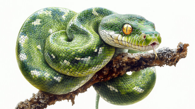  Green Python on Branch - Watercolor Art,close up of a green snake watercolor illustration on white background