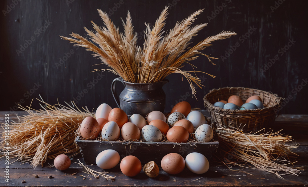 Poster Table is covered with a basket full of eggs and a vase filled with straw. The eggs are of various sizes and colors, and the straw is scattered around the basket and vase
