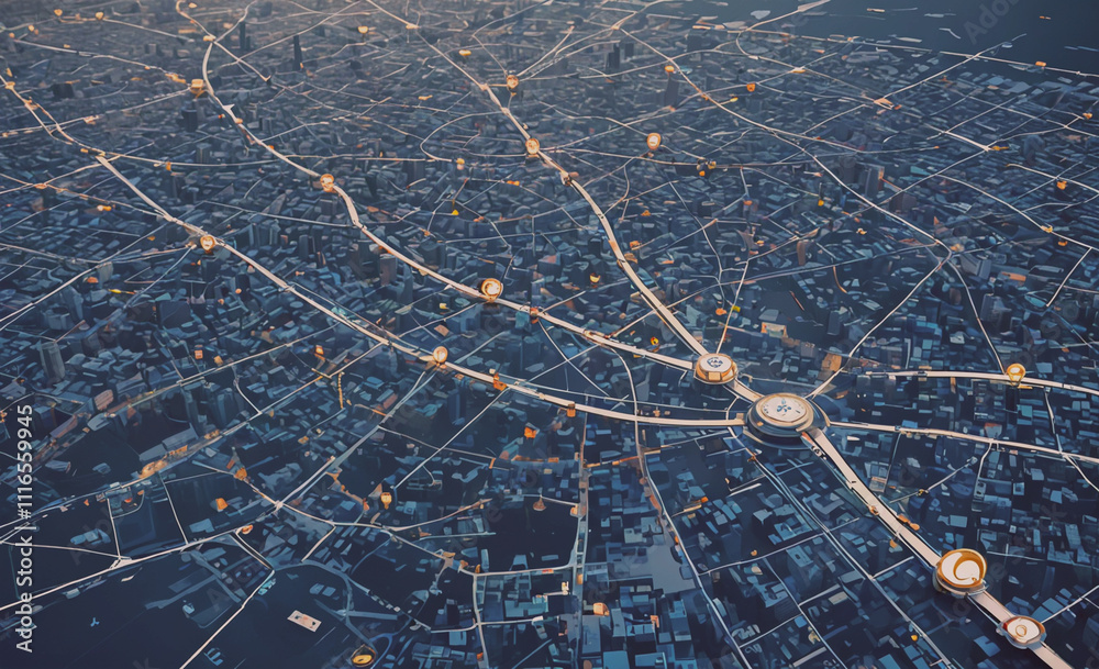 Poster city map with many roads and buildings. the roads are connected by lines. the map is lit up with lig