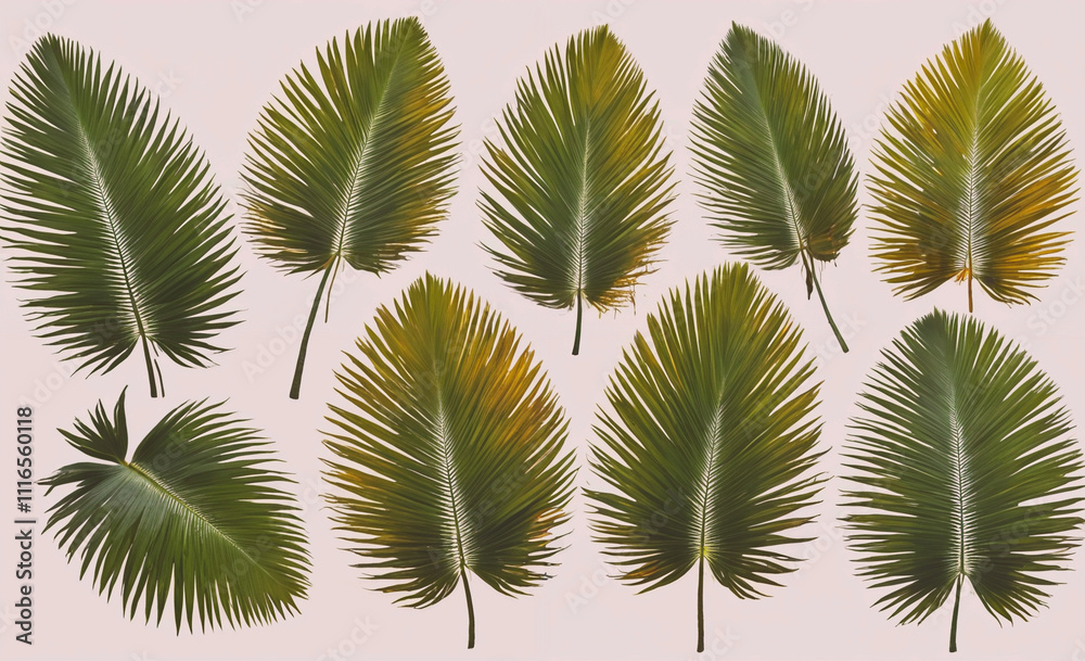 Aufkleber Set of palm leaves with some of them being green and some of them being yellow. The leaves are arranged in a row