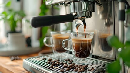 Home espresso machine pouring fresh coffee, dual espresso shot being poured into clear mugs on modern home espresso machine, scattered coffee beans and houseplants in background