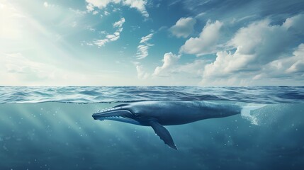 Fototapeta premium Majestic blue whale swimming calmly in the vast, open ocean under a clear sky