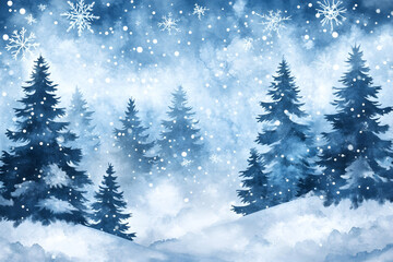 Obraz premium Watercolor winter landscape with snow falling on pine trees.