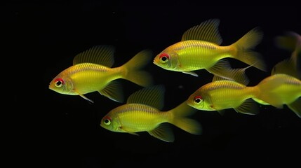 School of vibrant yellow fish swimming in a dark aquarium.