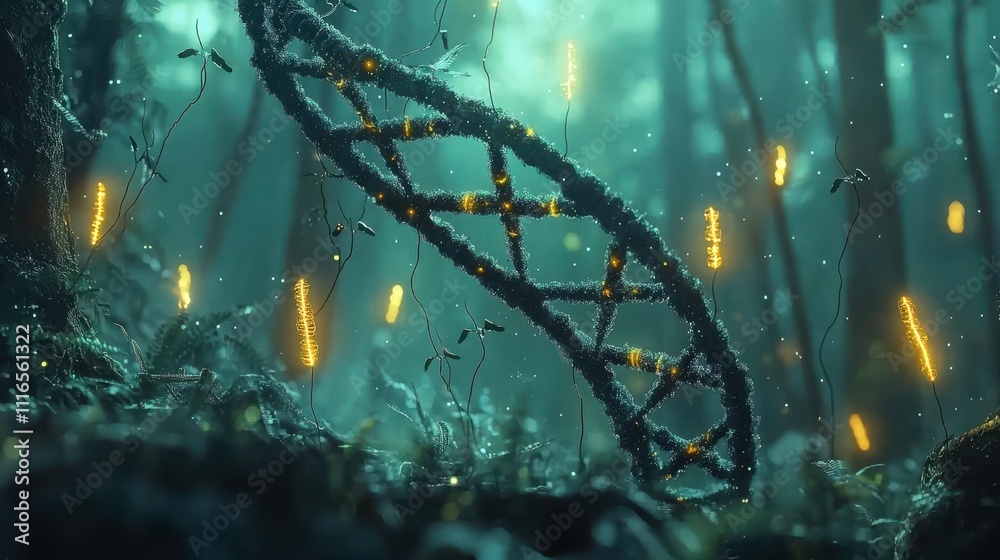 Poster Glowing dna molecule closeup in a lush forest setting scientific illustration captivating environment macro viewpoint biochemical concept for enhanced understanding