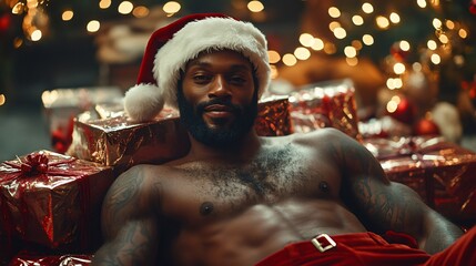 Handsome nude man in Santa hat