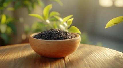 Dried black tea leaves in a wooden bowl on a table.